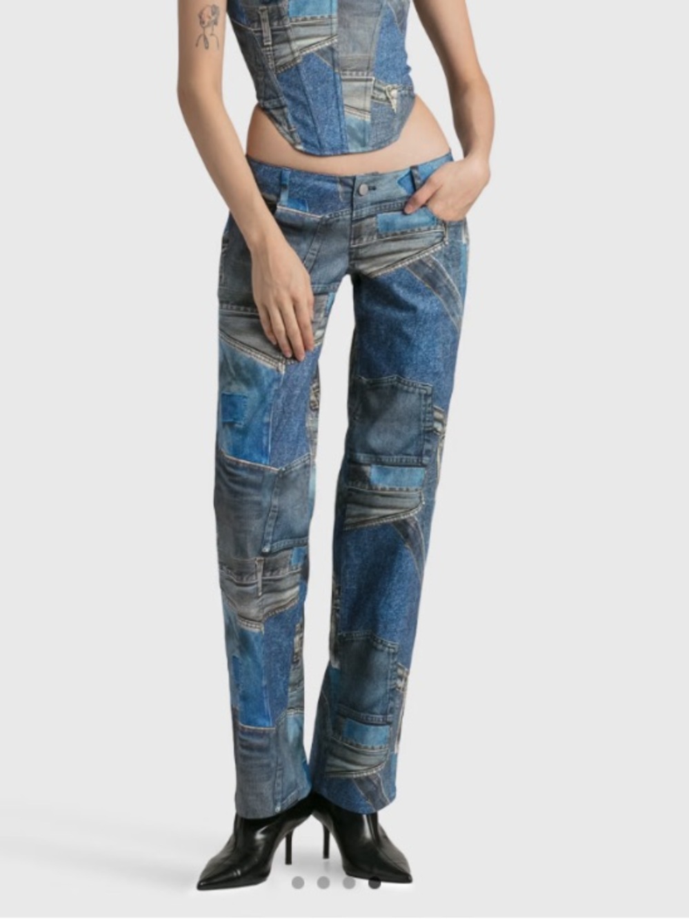 Miaou New Atlas Denim Patchwork Print Low Rise Baggy Straight Leg Pants Large